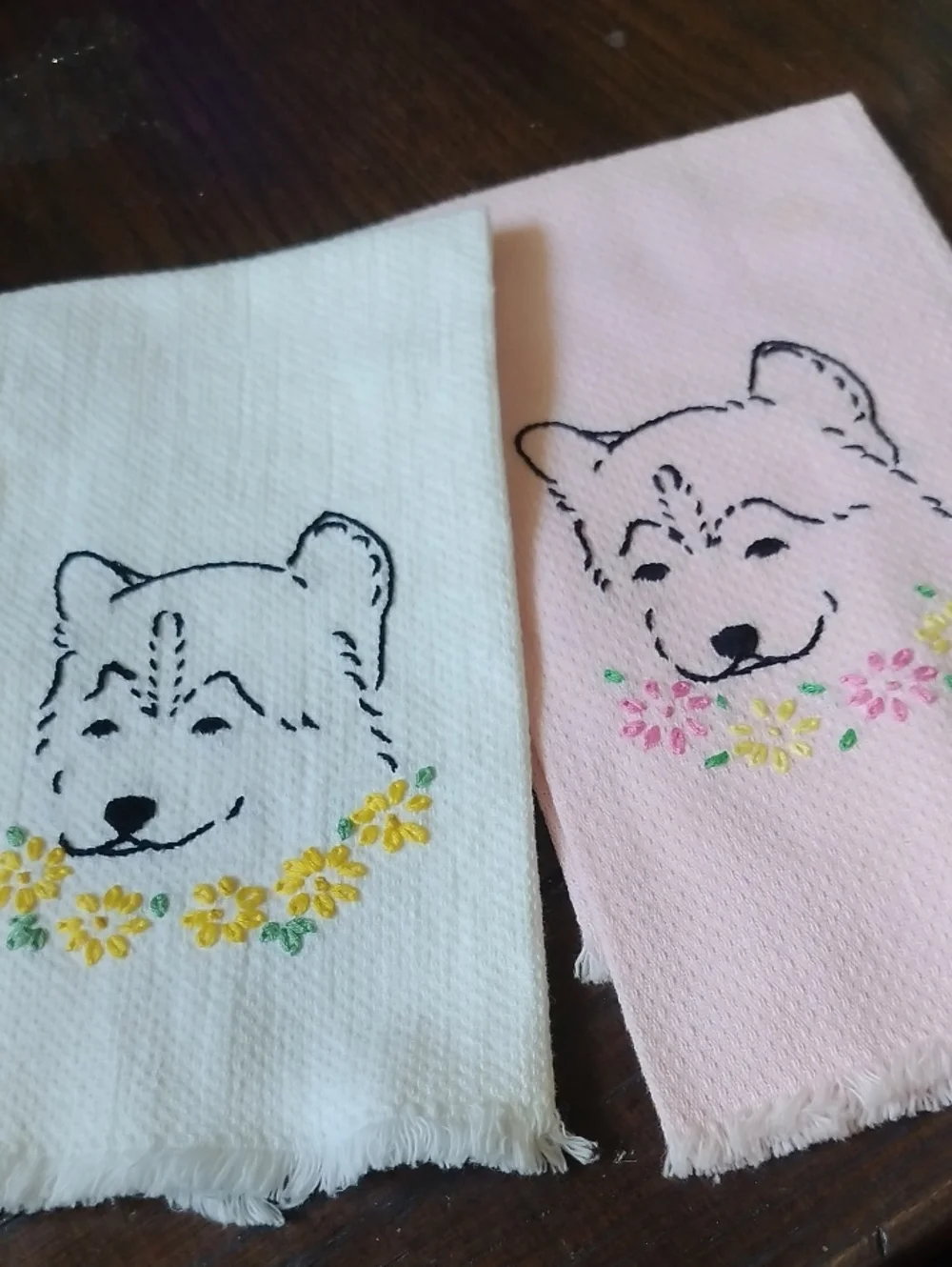 Embroidered Adorable Dog Hand Stitched Hand Towel - Pink, White, Vintage